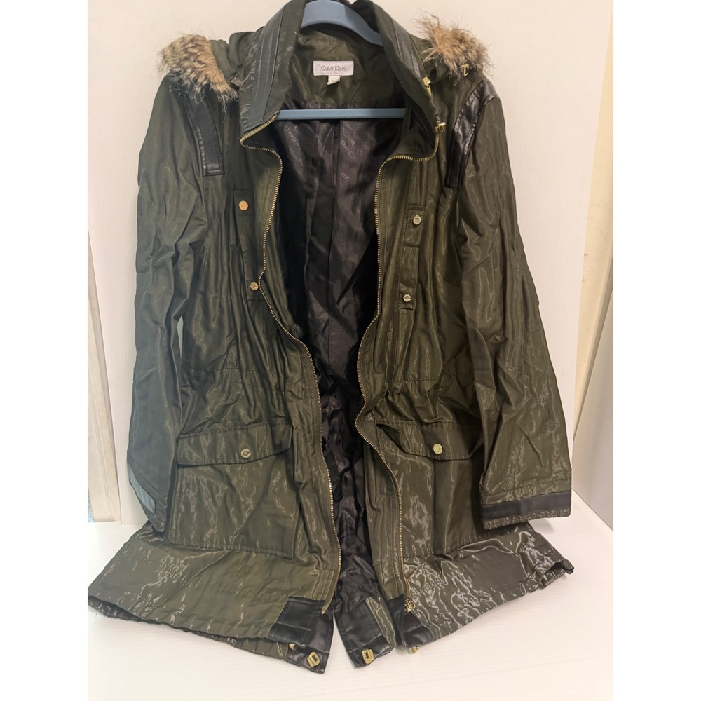 Calvin Klein Olive Green Parka Faux Fur Hood Faux Leather Trim XL Repair Needed